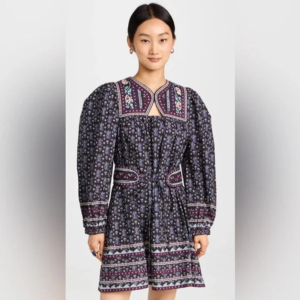 NEW SEA NY Perry Border Puff Sleeve Tunic Embroidered quilted floral Dress XS